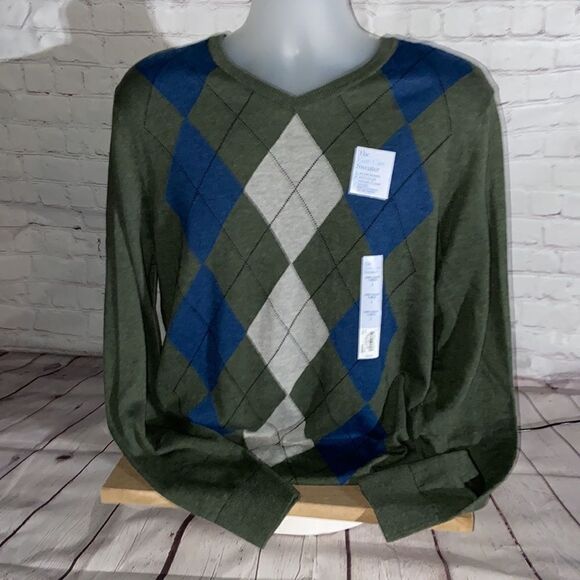 Croft & Barrow Pullover V-Neck Green Blue Gray Argyle Easy Care Sweater L - Picture 1 of 5